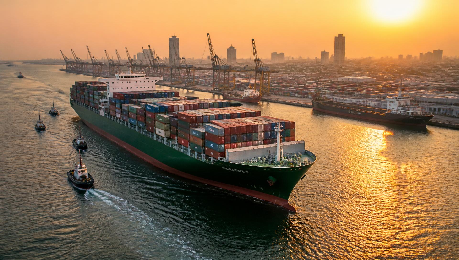 Container ship arriving at African port