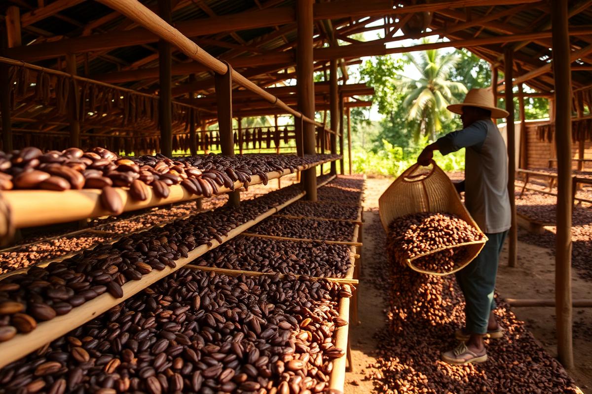 Cocoa beans drying on racks at a Ghanaian cooperative