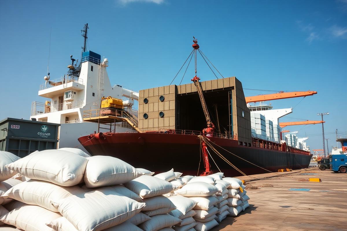 Bulk sugar cargo being discharged at a West African port