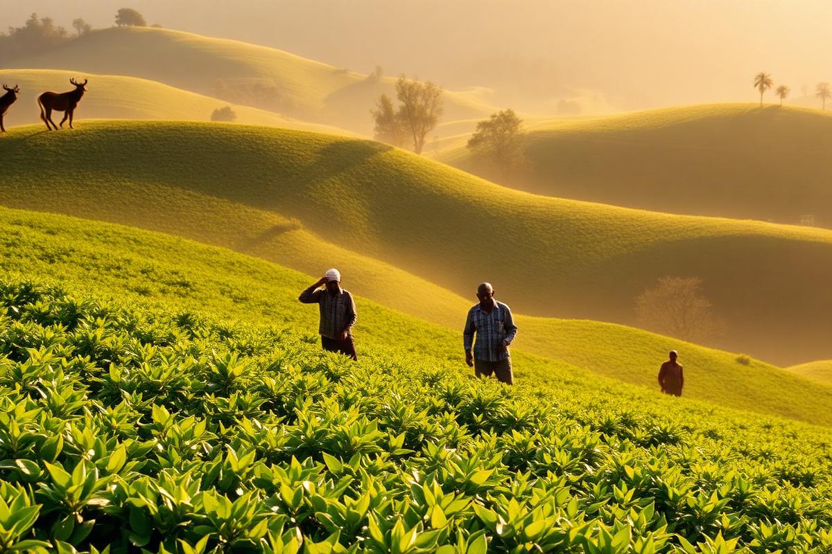 Tea pickers harvesting leaves on Kenyan highlands